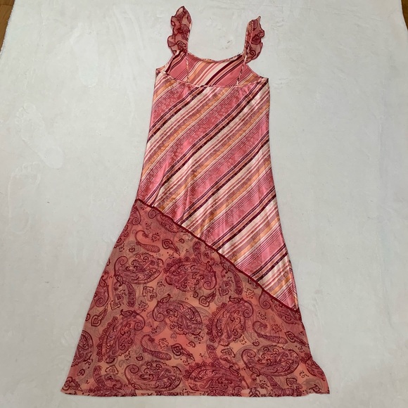 Vintage Pink & Orange Funky Patterned Stripe/Paisley Satin & Mesh Midi Dress - Picture 3 of 3